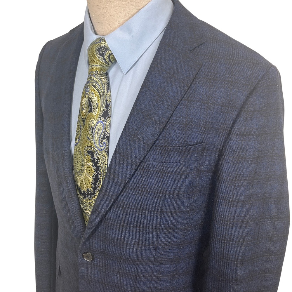 HUGO BOSS Blazer Mens 40L Gray Blue Plaid Super 100 Lightweight Wool Jacket